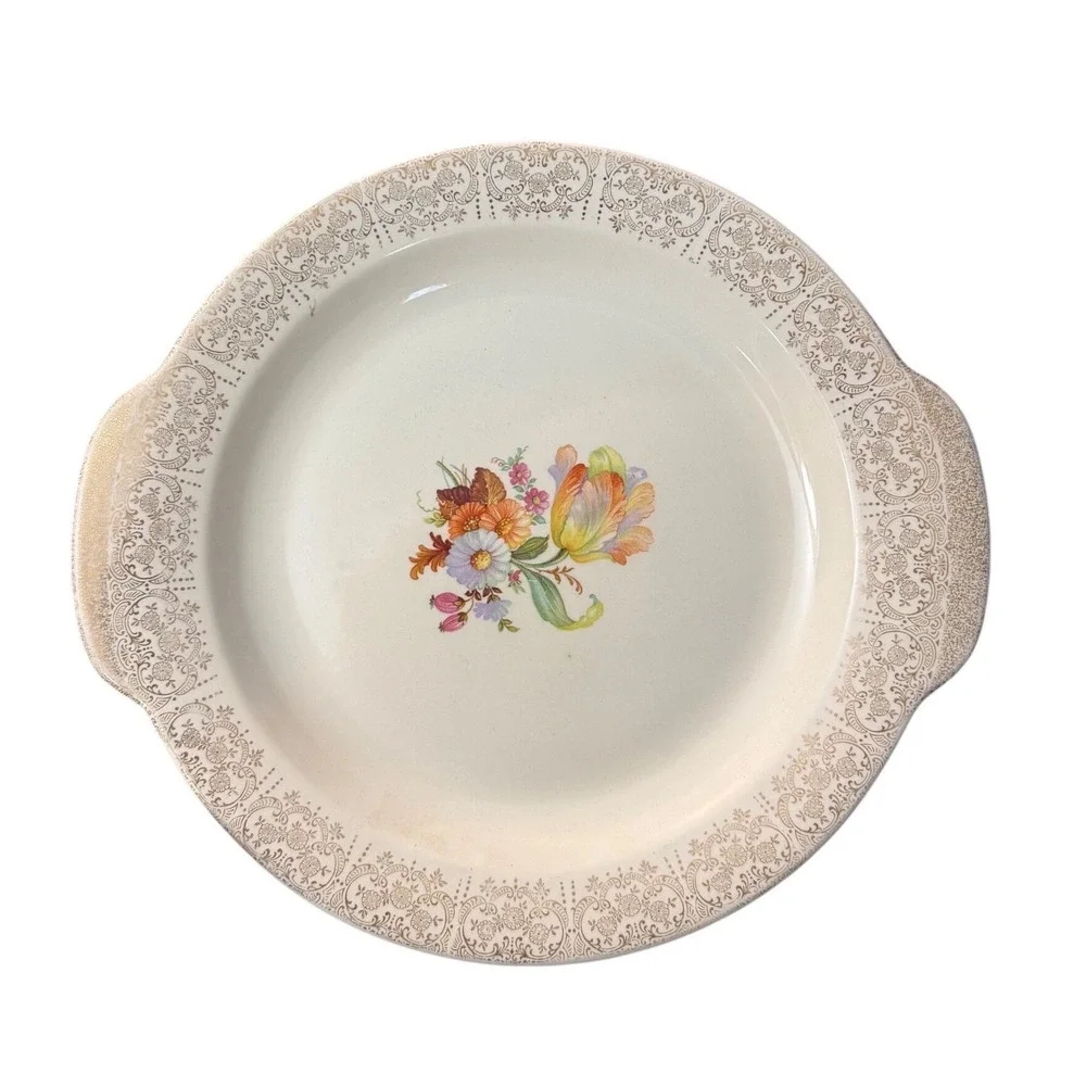 Vintage Spring Floral Filigree Royal China Cake Plate Cream Hollywood 22K Gold